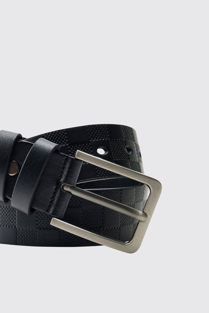 PU Embossed Check Textured Belt | Black | Size Small