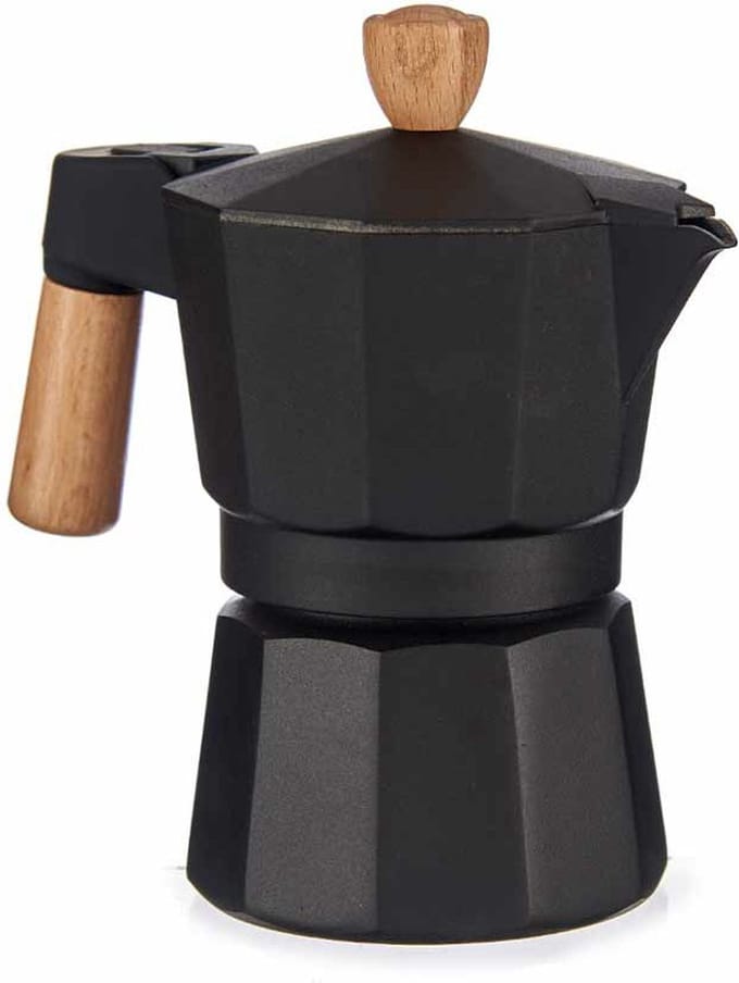 Italiaanse Koffiepot Hout Aluminium 3 Koppar