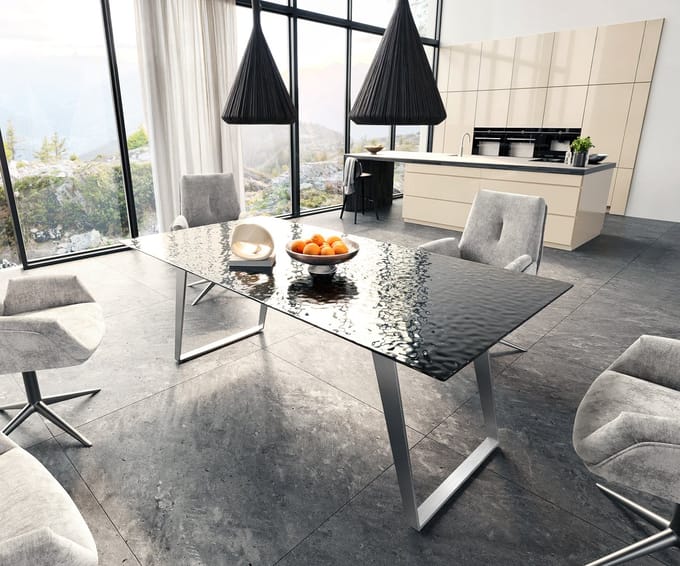 Eetkamertafel Edge Glas smelten rokerig zwart 3D-Relief 200x100 RVS schuin
