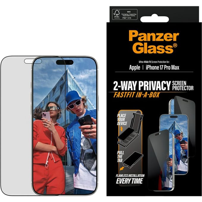 PanzerGlass Screenprotector geschikt voor Apple iPhone 17 Pro Max Glazen | PanzerGlass FastFit Screenprotector Privacy - Case Friendly - Zwart