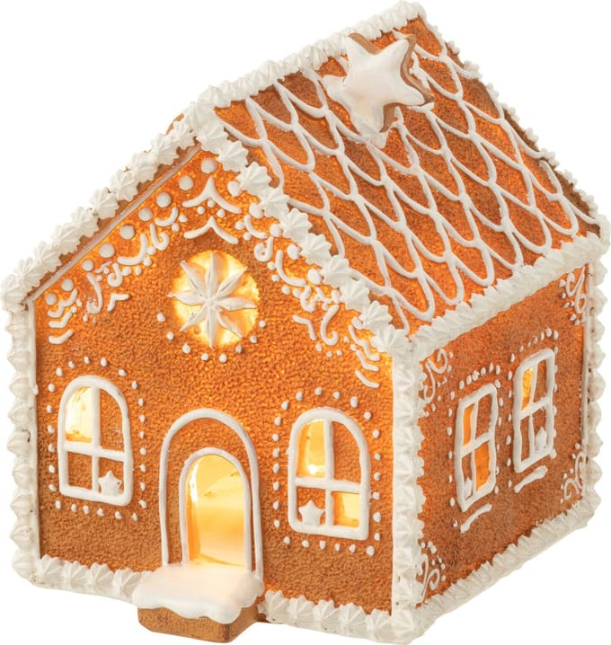 J-Line decoratie Huis Peperkoek Vierkant Ster - polyresin - bruin - medium - LED lichtjes