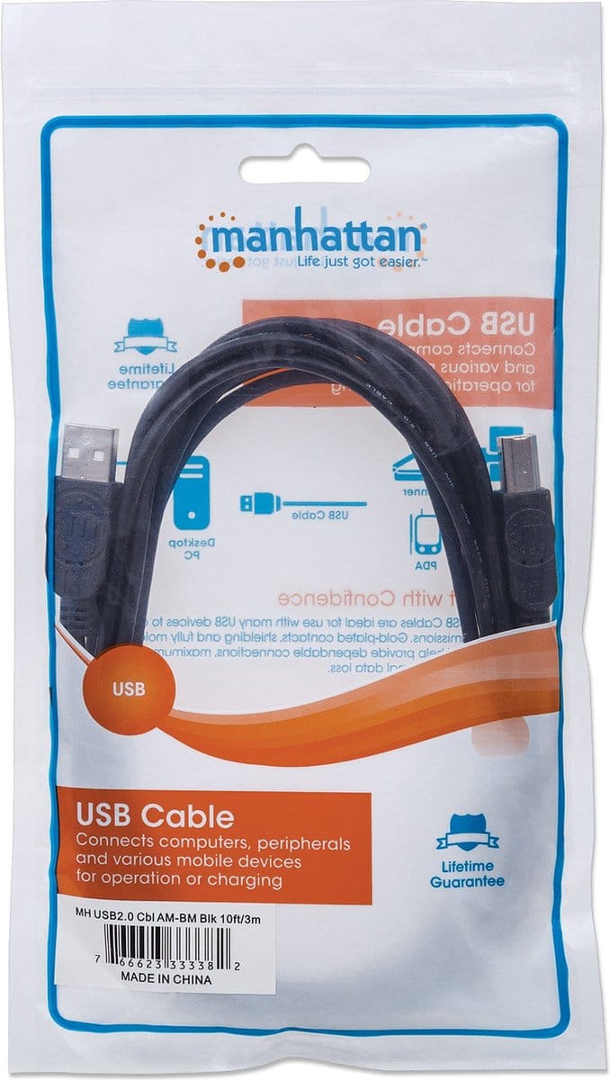 Manhattan - USB Kabel - USB 2.0 AM-BM - 5m - Zwart - Ekranowany