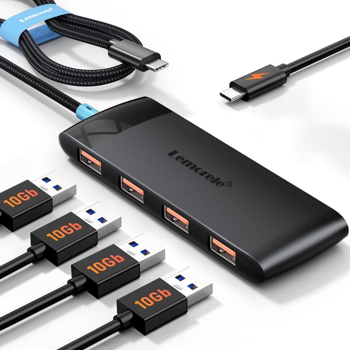 Lemorele™ TC108 – 4-in-1 USB-C Hub – 10Gbps High-Speed – USB 3.2 Gen 2 – Type-C naar 4× USB-A Adapter – 60cm Kabel – Thunderbolt 3/4 Compatibel