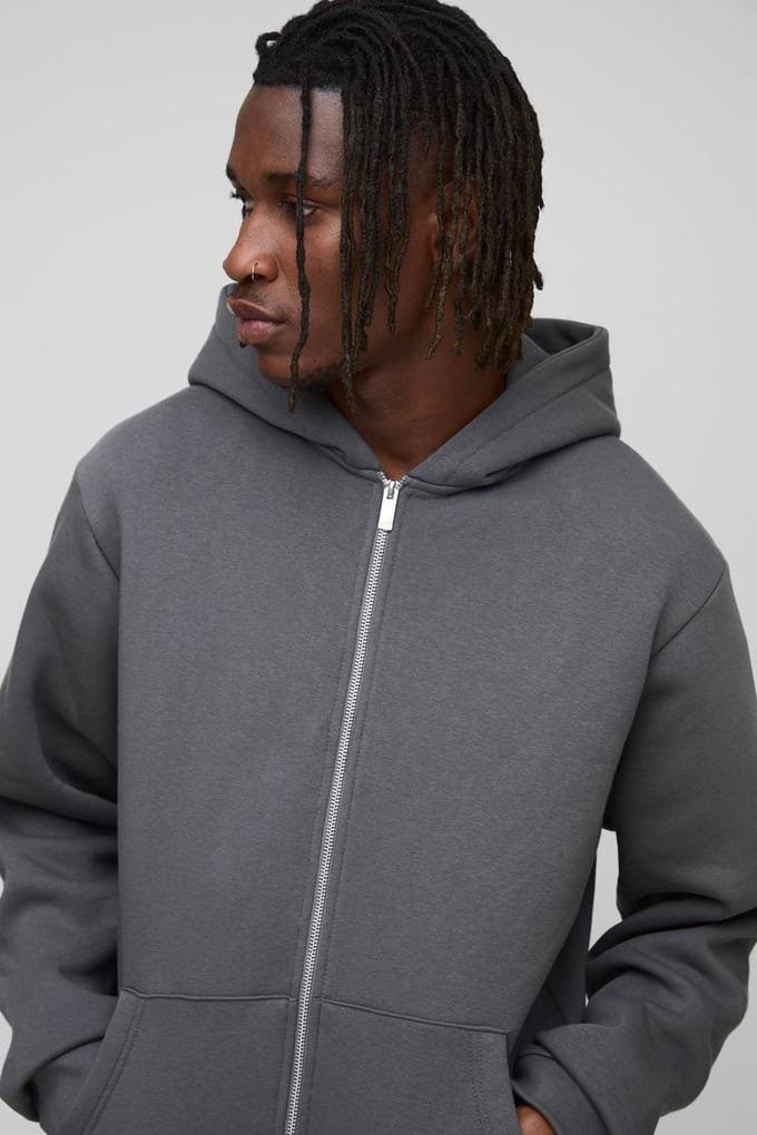 Tall Essential Regular Zip Through Hoodie | Charcoal | Size Medium