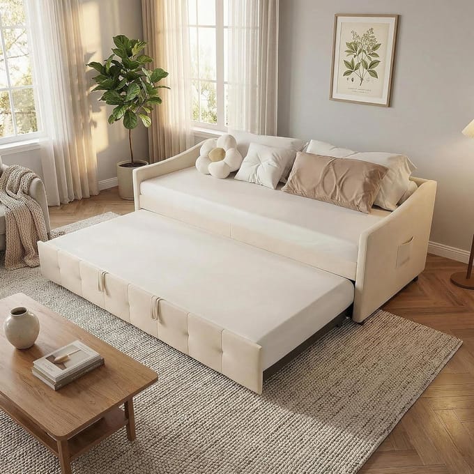 Multifunctionele Slaapbank - Bankbed Gestoffeerd - Kleine Ruimtes - Uitschuifbaar Bedframe - 90/180x200cm - Beige