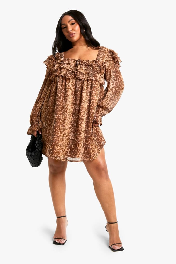 boohoo Dames Plus Snake Print Ruffle Smock Mini Jurk | Slangenprint | Maat: 44