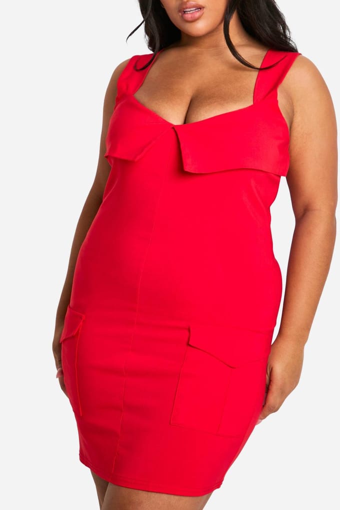 boohoo Dames Plus Bengaline Fold Detail Utility Bodycon Jurk | Rood | Maat: 56