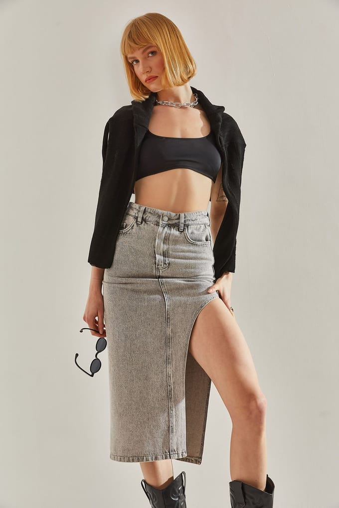 Hooggetailleerde Midi Denim Rok met Splits