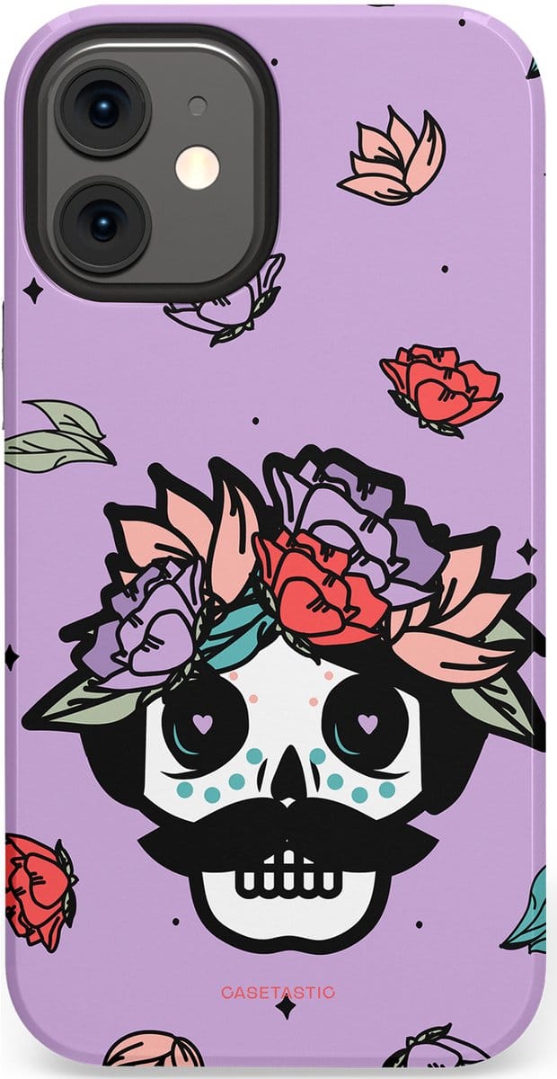 Casetastic hoesje geschikt voor Apple iPhone 12 Mini - Dubbellaagse bescherming - Schedel Snor - Fashion Case - Lila Zwart