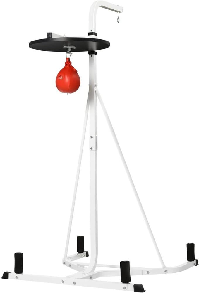 Bokszakhouder met Snelheidspeer - Boksbal Set - Bokstraining Verbeteren - Verstelbare Platformhoogte - 224 cm Hoog - Wit