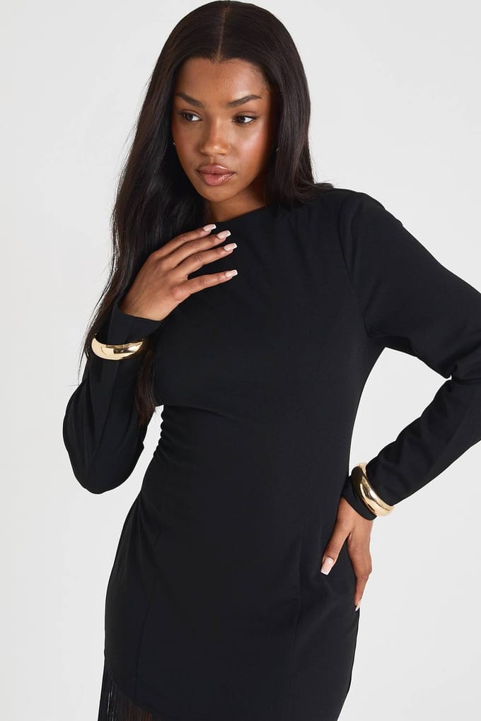 boohoo Dames MINI-JURK MET SCHOUDELVULLING EN FRANJES | Zwart | Maat: 36