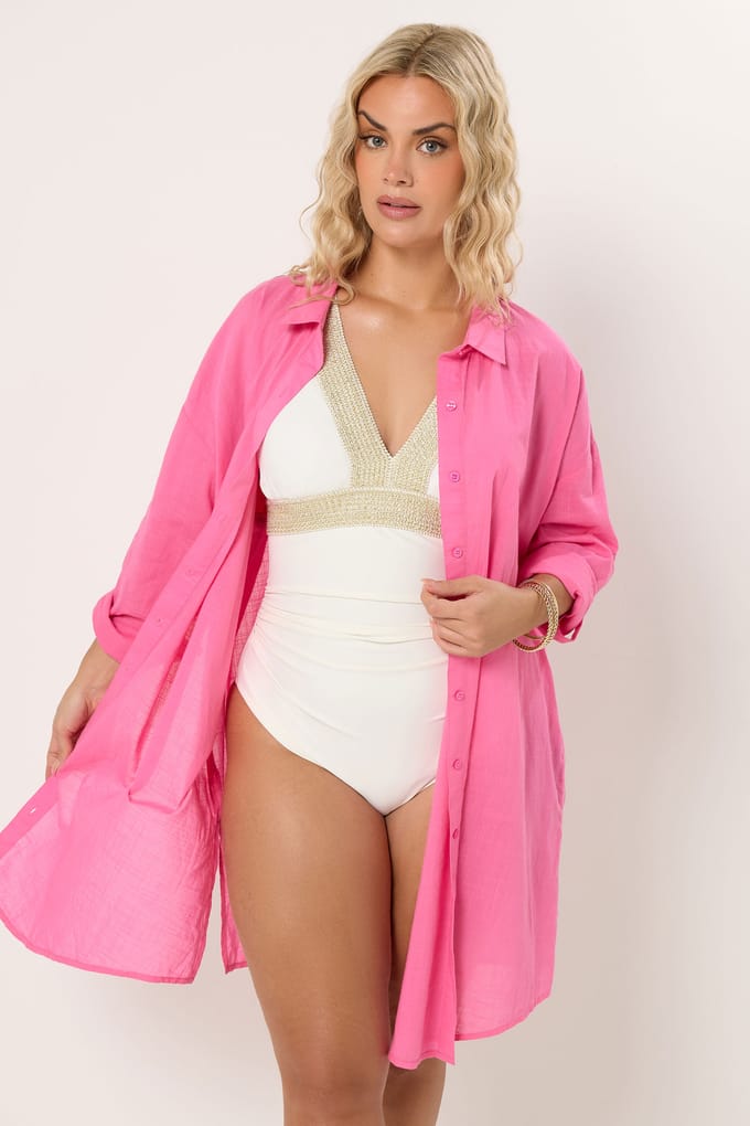 Yours Roze Lang Katoenen Strandshirt Size 46-48