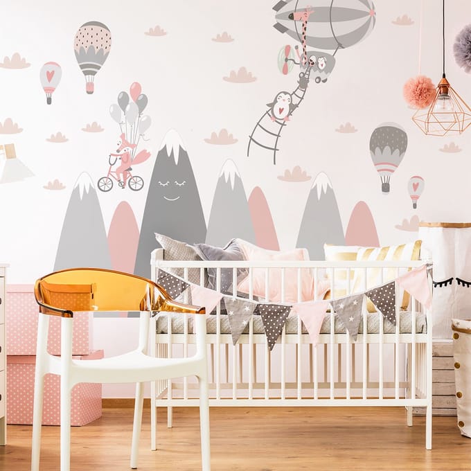 Kinderstickers met Scandinavische bergen en grappige dieren, 50 x 75 cm