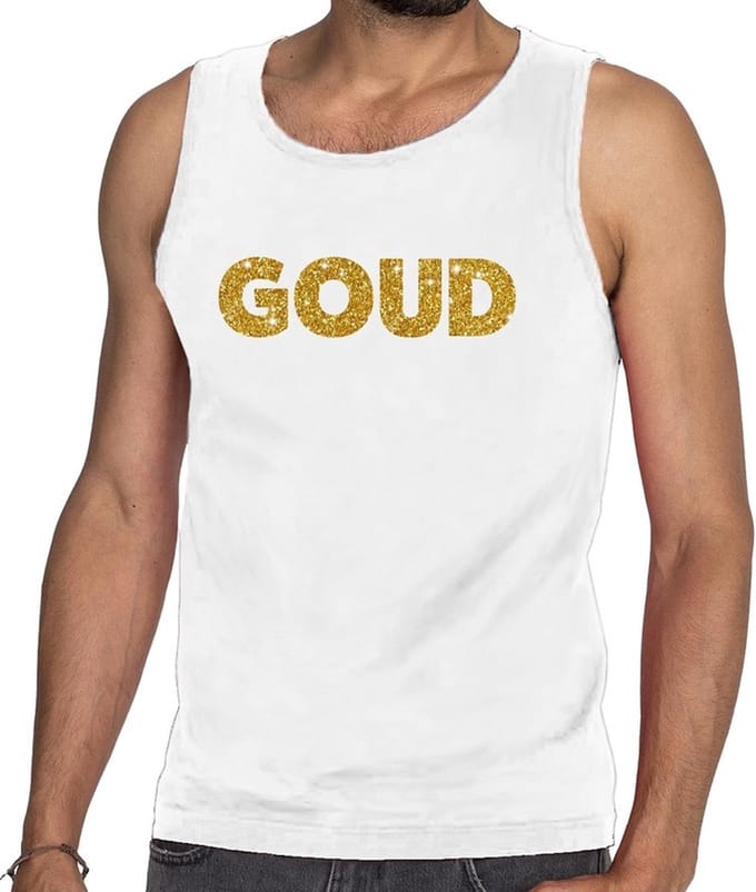 Bellatio Decorations feest tanktop voor heren goud - glitter tekst - foute party/carnaval - wit S