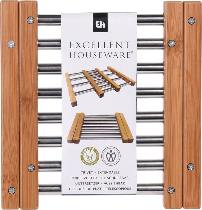 Excellent Houseware Panonderzetter - Set van 3x stuks - uitschuifbaar - 21 x 22 cm - bamboe en rvs - verstelbara