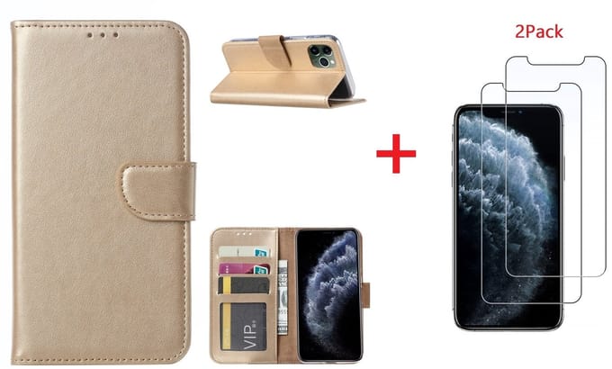 Hoesje Geschikt voor iPhone 11 Pro Max Portemonnee hoesje + 2X Screenprotector - Goud