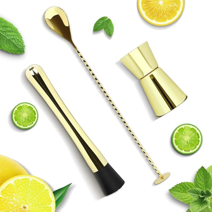 Cocktail Bar Tool Set met Muddler, Menglepel en Jigger - Goudkleurig RVS