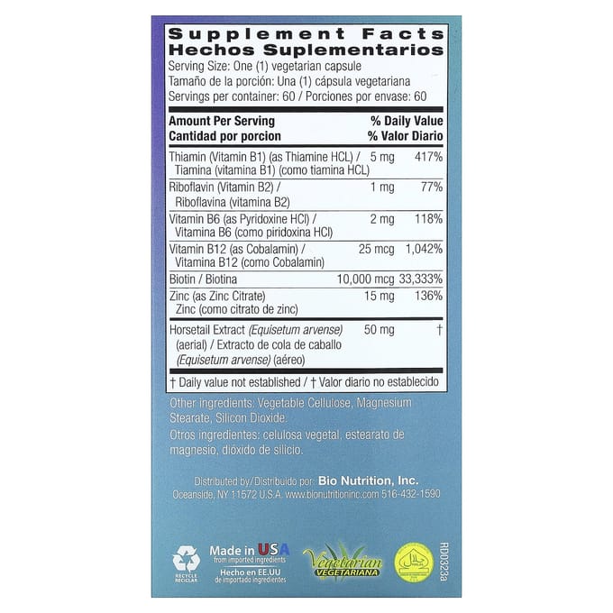 Bio Nutrition, Gezond Haar met Biotine 10.000 Plus, 60 Vegetarische Capsules