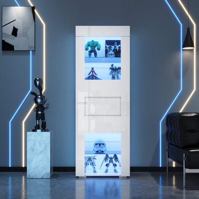 Clruro Vitrinekast - 60 x 40 x 170 cm - met LED en app-bediening - MDF + Gehard glas + Acryl - Wit