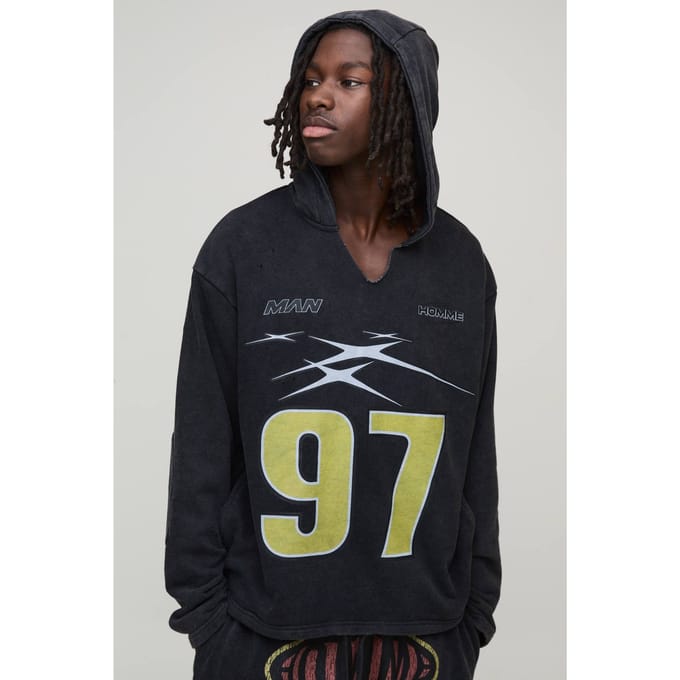 Oversized Boxy Versleten Gescheurde Nek Hoodie | Black | Size XS