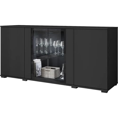 Dressoir 150 cm voor woonkamer – moderne vitrinekast met glas, zwart mat