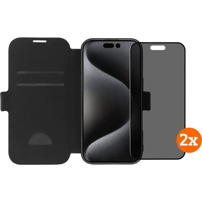BlueBuilt Apple iPhone 16 Pro Book Case Leer Zwart + Privacy Screenprotector Glas Duo Pack