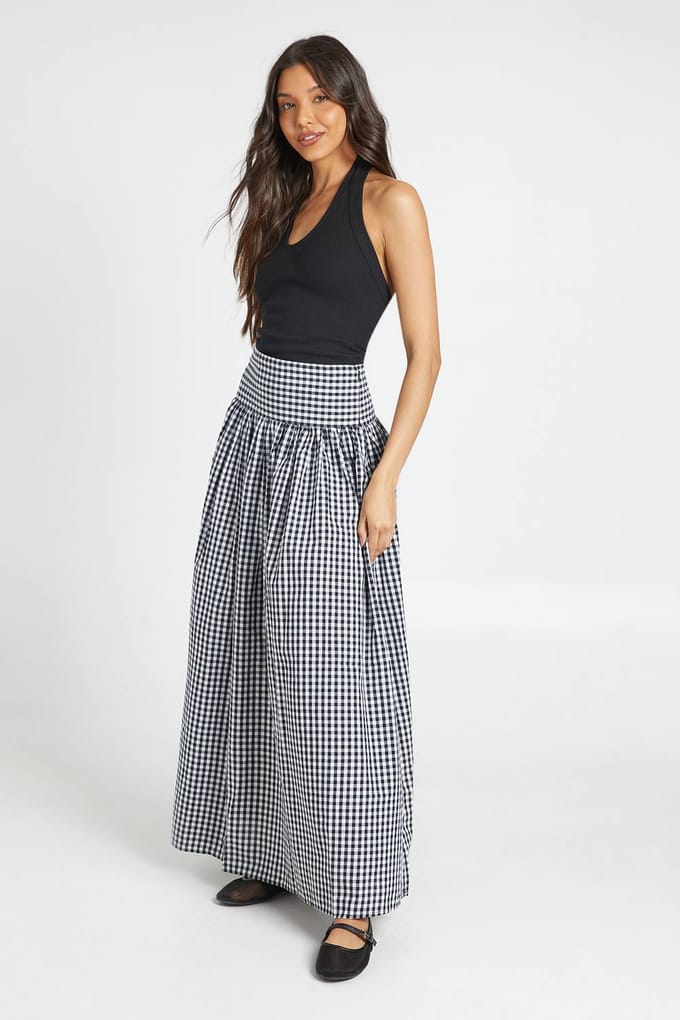 boohoo Dames Gingham Poplin Maxi Rok | Zwart | Maat: 44