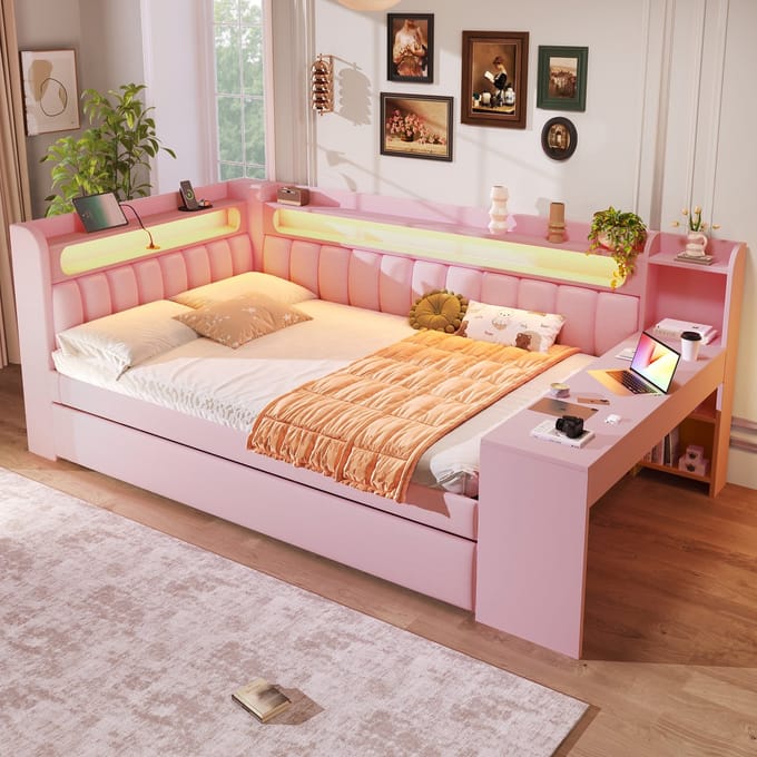 Dagbed 140x200 met Uitschuifbaar Bed en Bureau – Roze Gestoffeerd Bed met USB en LED