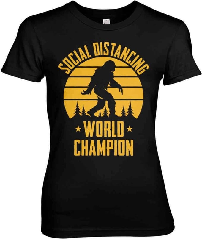 Dames Fun Tshirt -M- Social Distancing World Champion Zwart
