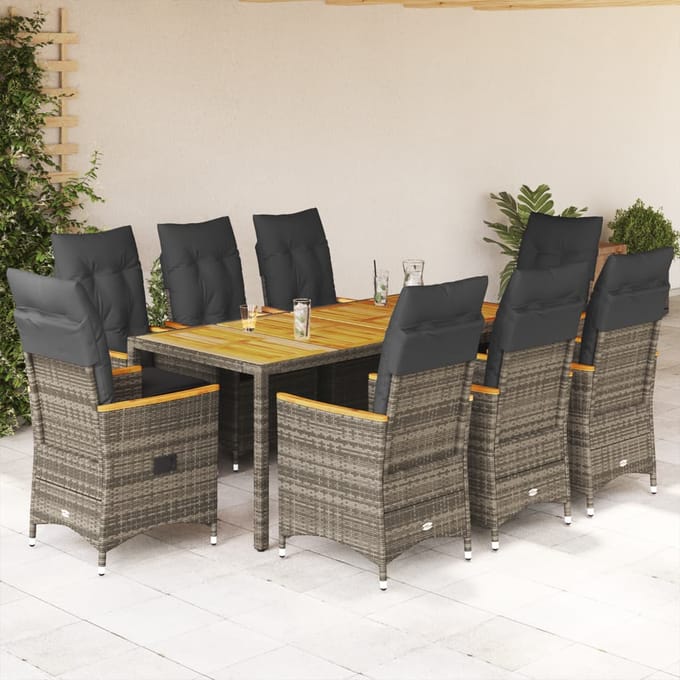 vidaXL - 9-delige - Tuinset - met - kussens - poly - rattan - grijs