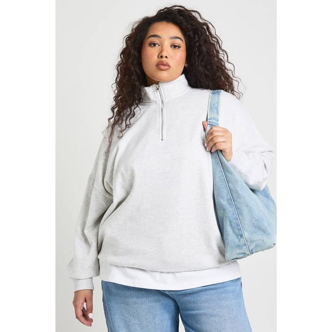 boohoo Dames Plus Oversized Half Zip Sweatshirt | Grey Marl | Maat: 18