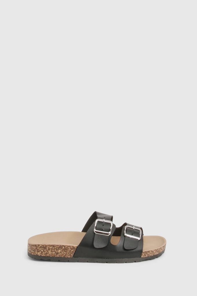 boohoo Dames Dubbele gesp footbed slider | Zwart | Maat: 36