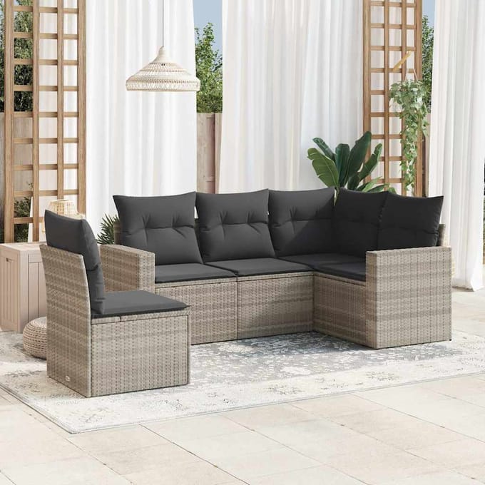 vidaXL - 5-delige - Loungeset - met - kussens - poly - rattan - lichtgrijs