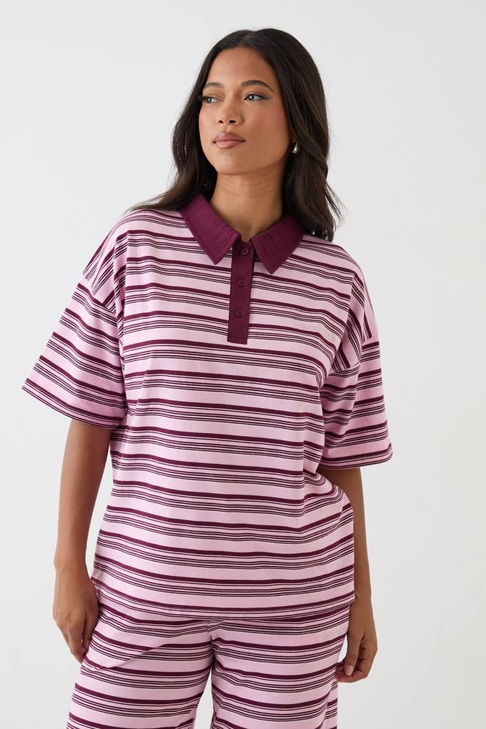 Dames Dsgn Studio Gestreepte Polo Top Met Korte Mouwen | Pink | Maat: Medium