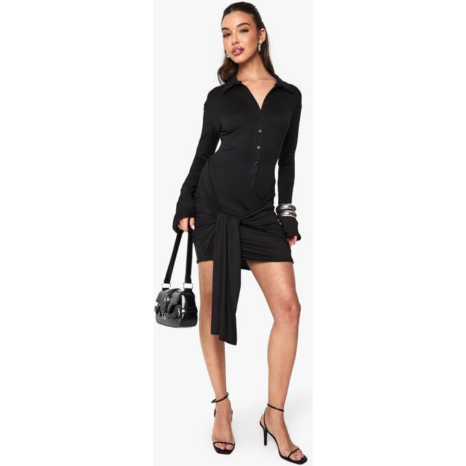 boohoo Dames Button Down Drape Mini Jurk | Black | Maat: 14