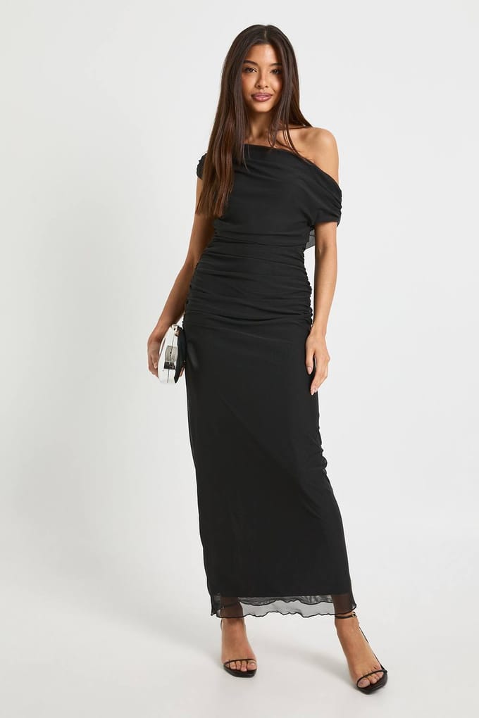 boohoo Dames Off-shoulder mesh maxi jurk | Zwart | Maat: 36