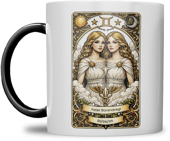 Sterrenbeeld mok - Tweeling - Zwart - Tarot mok - Gepersonaliseerd met naam en datum