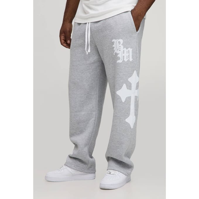 Plus Baggy Gothic BM Cross Print Joggers | Grey Marl | Size 5XL