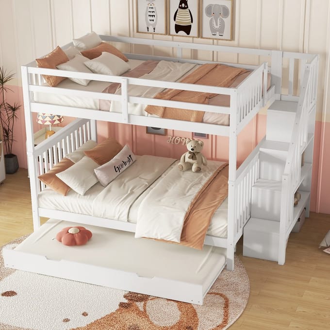 140x200 cm stapelbed - trapboekenplank - met uitschuifbed - hoge reling - wit