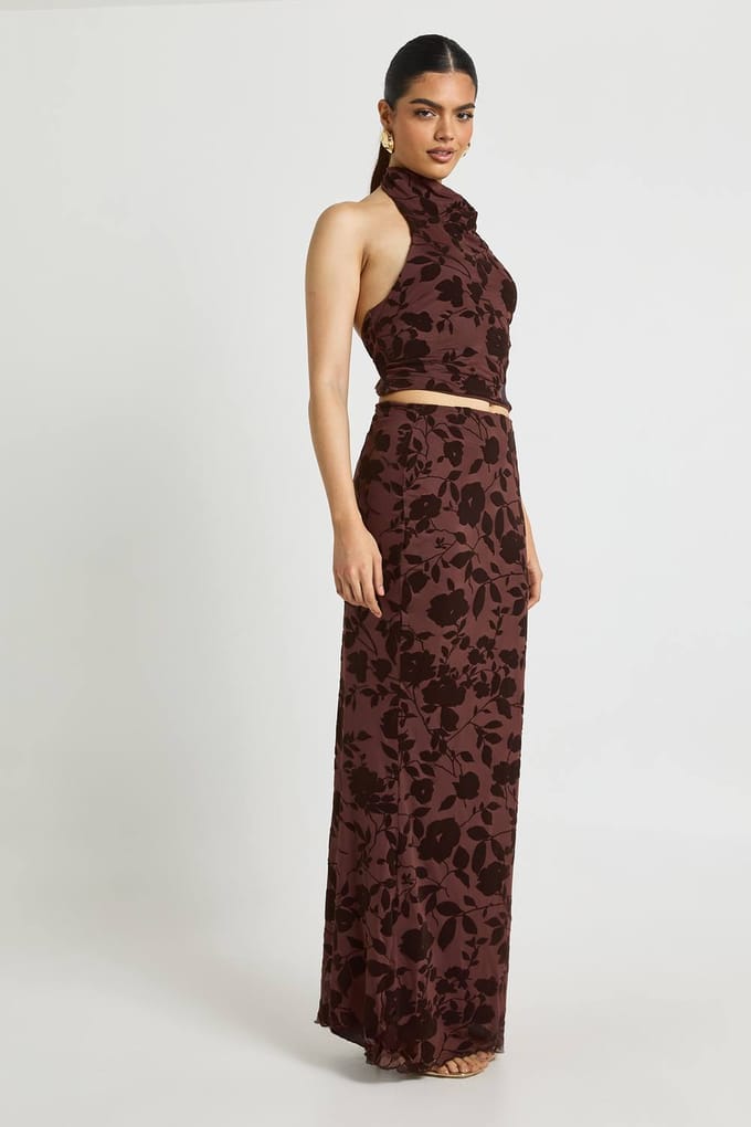 boohoo Dames Bloemen Devore Maxi Rok | Chocolate | Maat: 6