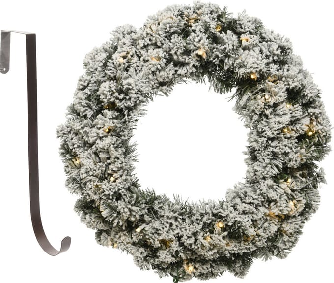 Kerstkrans besneeuwd - met licht - 35cm -kunststof -met ijzeren hanger
