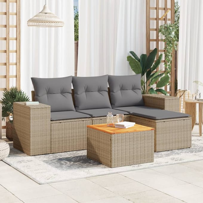 vidaXL - 5-delige - Loungeset - met - kussens - poly - rattan - beige