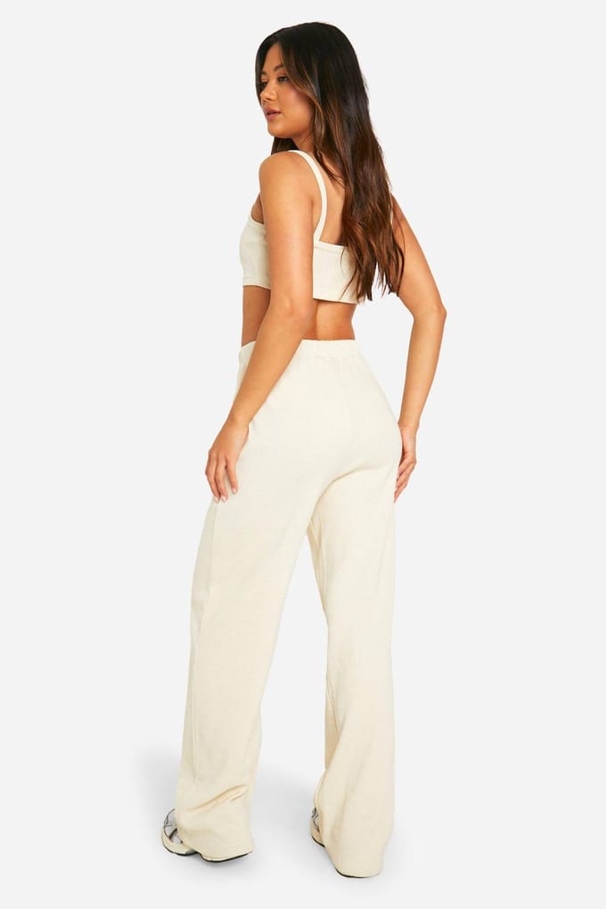 boohoo Dames Waffle Scoop Neck Crop Top en Rechte Pantalon Set | Steen | Maat: XL