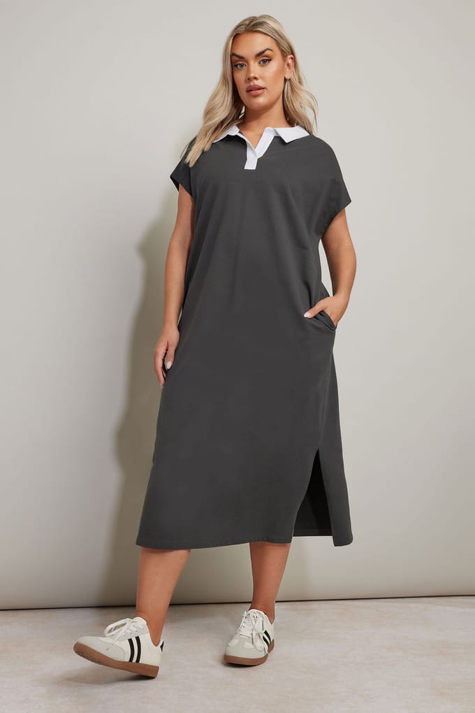 Yours Midaxijurk Van Katoen Met Open Kraag In Donkergrijs Size 46