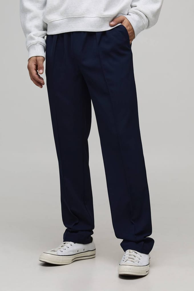 Straight Fit Smart Elasticated Pintuck Trousers | Navy | Size Small