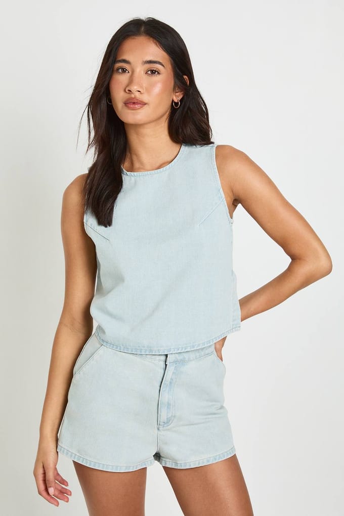 boohoo Dames Boxy Denim Vest Top | Super Pale Wash | Maat: 40