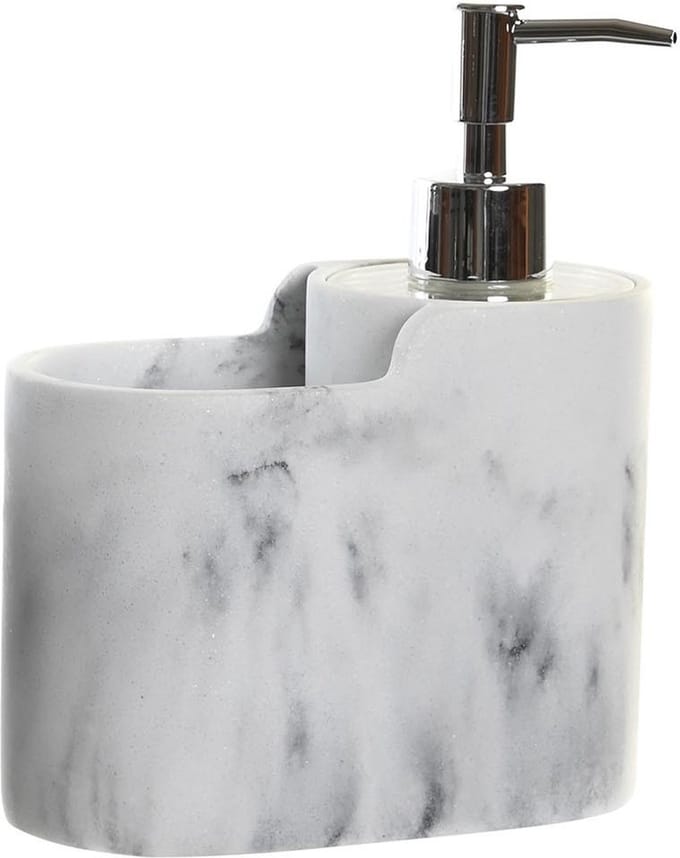 ITEM Zeeppompje met keuken organizer - marmer look - 2 vakken - wit/zilver - polyresin - 15x8x18 cm