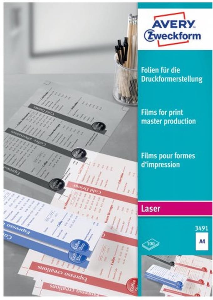 Avery 3491 - Polyester - Transparent - Laser - A4 (210×297 mm) - PVC - 0.1 mm