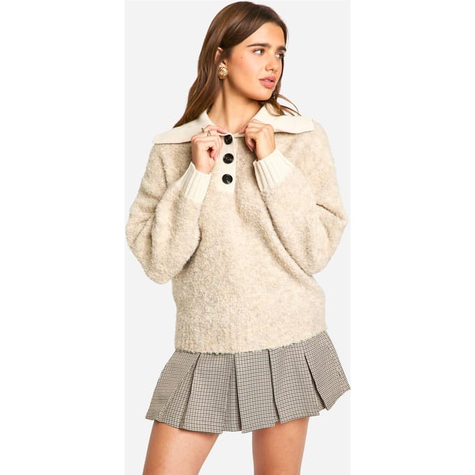 boohoo Dames Gebreide oversized trui met geribde kraag en knoopsluiting | Oatmeal | Maat: Small