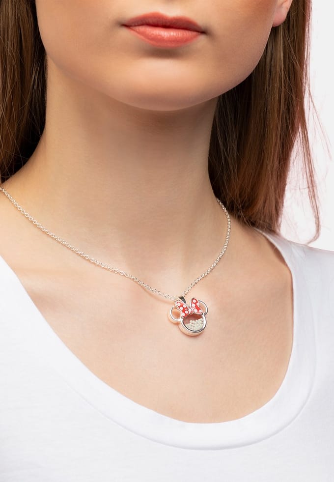 Disney Minnie Silver Plated Brass with Red enamel Bow June Birthstone Floating Stone Necklace